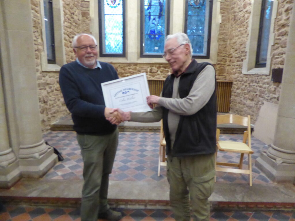 CovSoc Chair, Peter Walers, presents Life Membership Award to Colin Walker