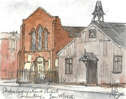 Old painting of the Chapel and Sunday school by Sydney Bunney