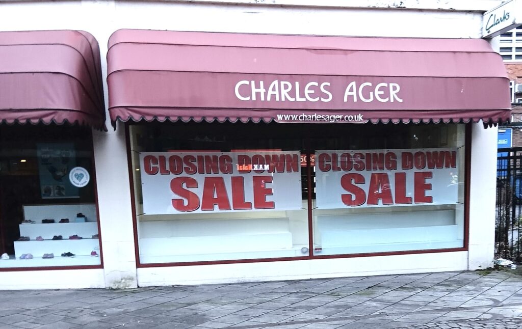 image of Charles Ager shop in Corporation Street, Coventry, showing closing down sale.