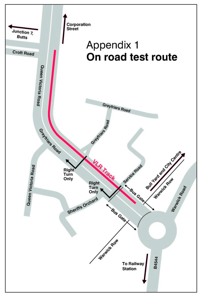 Rout map for the Very Light Rail pilot in Coventry city centre.