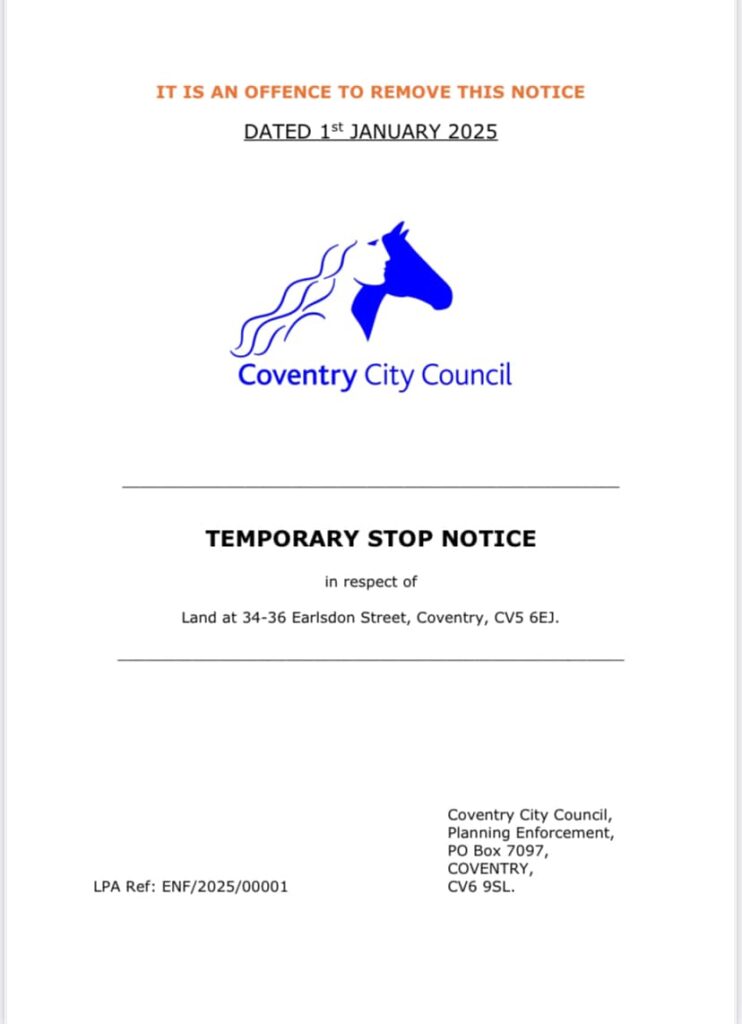 Image showing first page of temporary stop notice