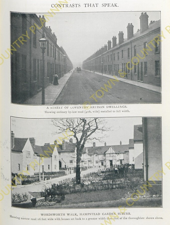 Two images - the first a street of Coventry Artisan dwellings and the second a garden city suburm bin Hampstead. 