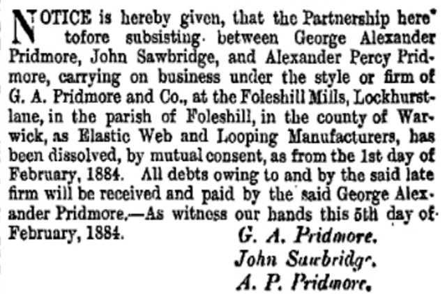 Image of an official notice. It reads "Notice is hereby given that the partnership heretofore subsistig between George Alexander Pridmore, etc